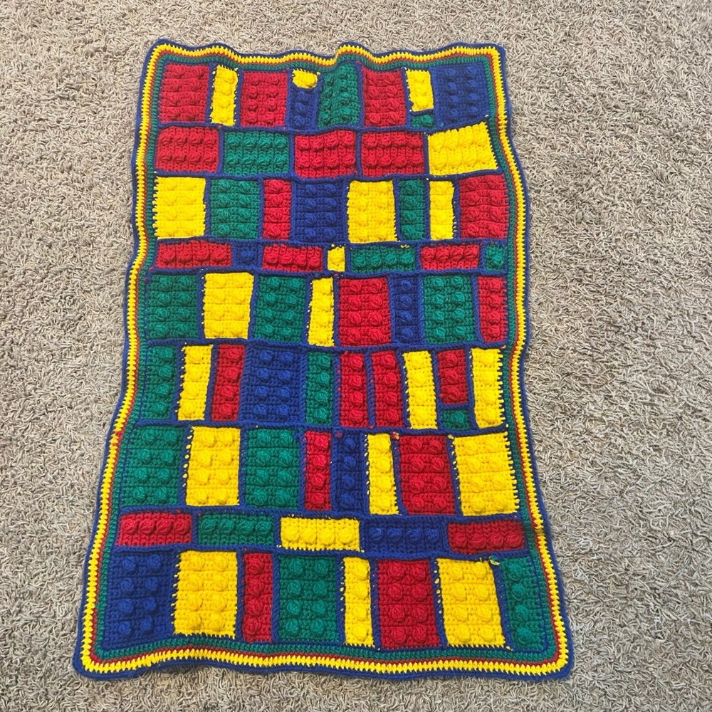 Handmade Crochet Building Block Baby Blanket Primary Colors Bobble Stitch Throw